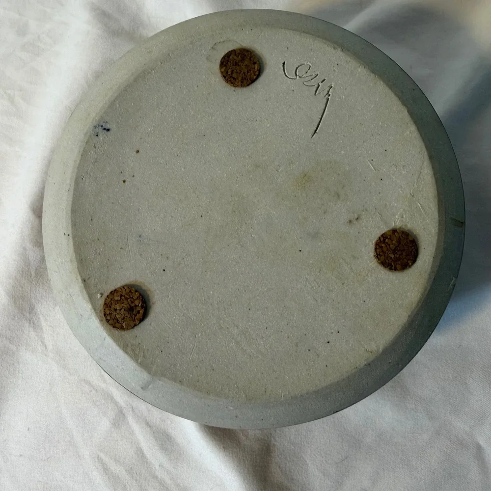 Signed Studio Art Pottery Ikebana Vase Blue Reactive Glaze Flower Frog Round